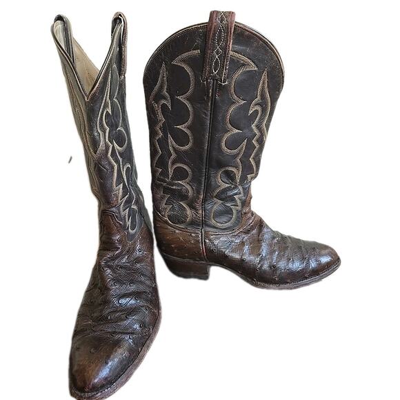 Vtg Tony Lama Men’s Sz 8 Brown Full Quill Ostrich Leather Cowboy Boot 8230 - Picture 1 of 10